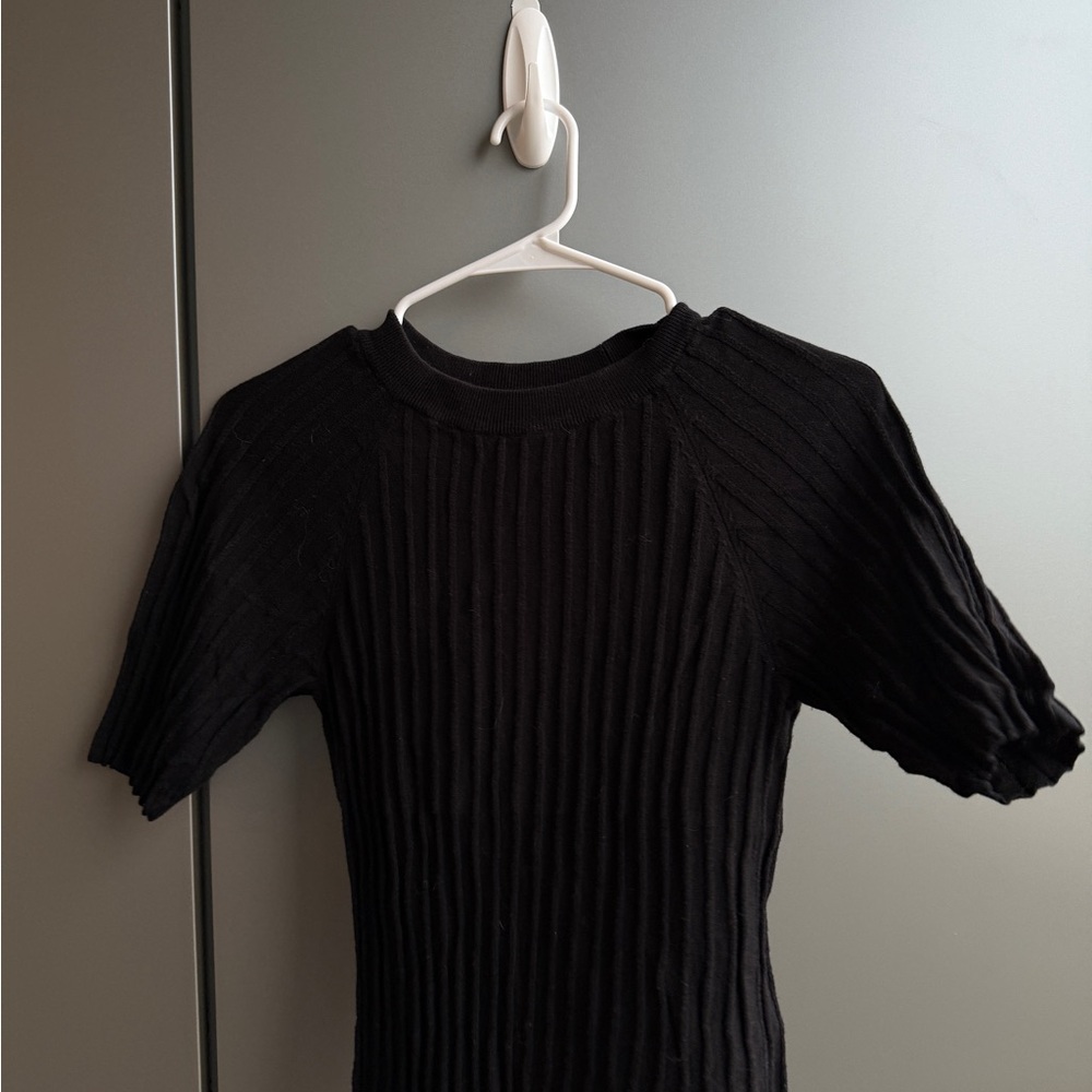 Free People Black Ribbed Short Sleeve Tee